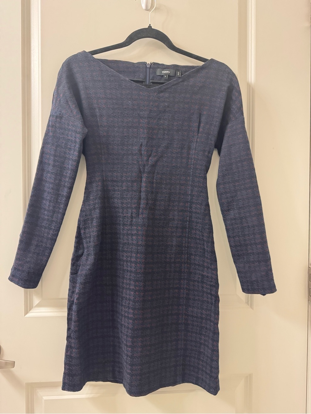 Theory Stretch Jacquard Body Con Black Purple Plaid Dress Size P Shirt Petite